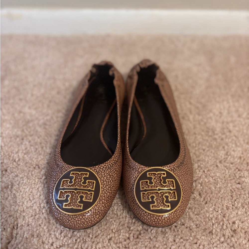 Tory Burch Textured Tan Flats with Gold Logo